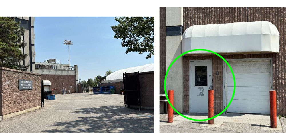 Photo of the GMC south receiving area. The white employee door is circled on the right.