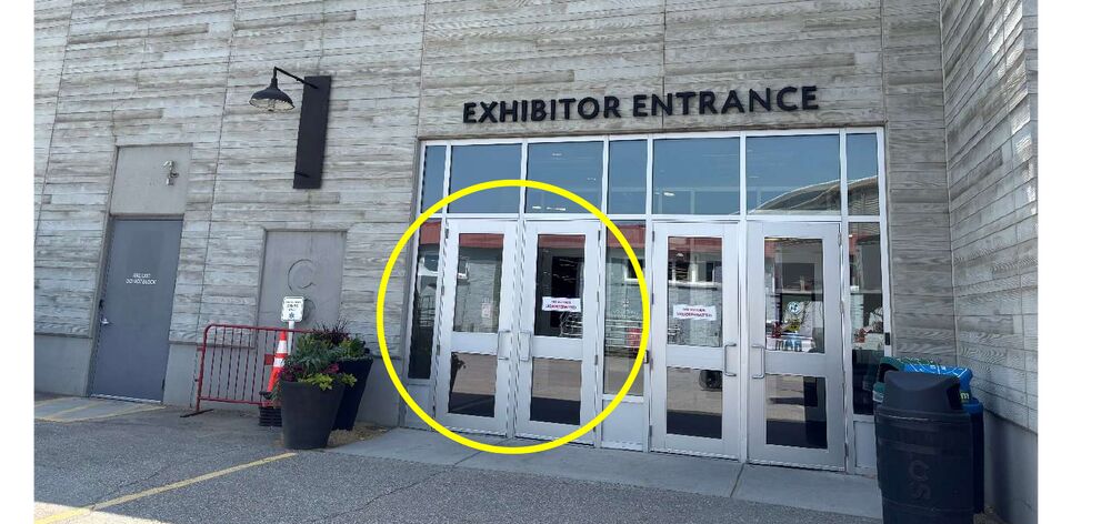 Photo of the AG and Nutrien employee entrance. The glass employee doors are circled.