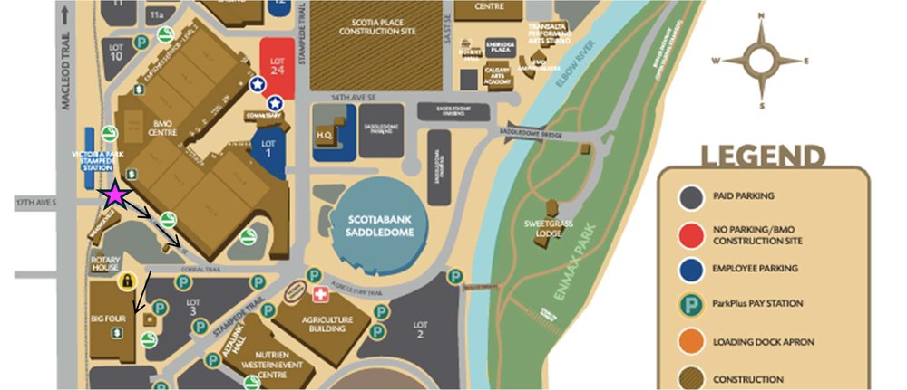A Stampede Park map with a star and arrows marking the route to the Big Four building.