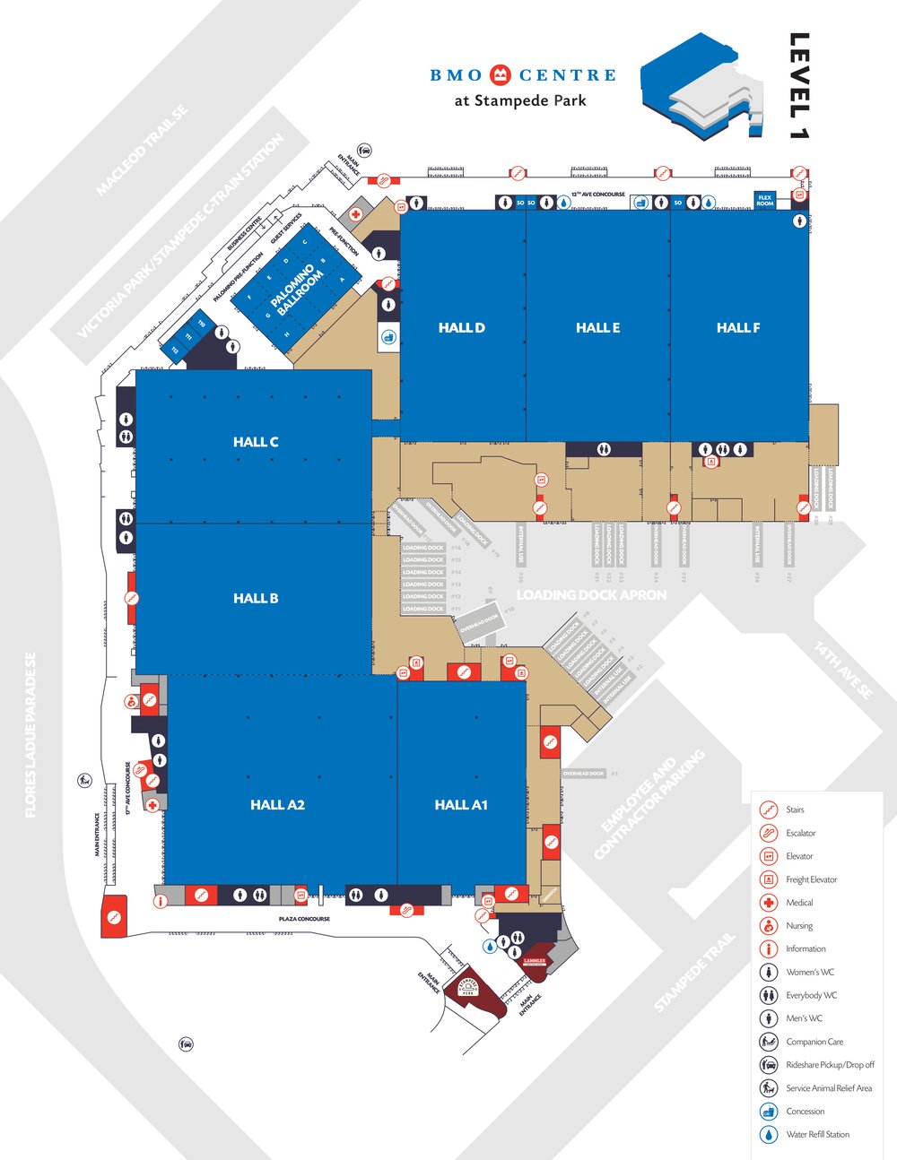 BMO Centre Level 1 floor plan, showing Halls A to F, the entrances, and the building services legend.
