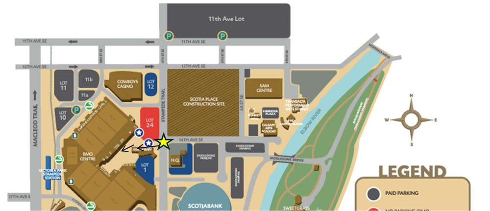 A Stampede Park map with a star and arrows marking the route to the BMO Centre loading dock entrance.