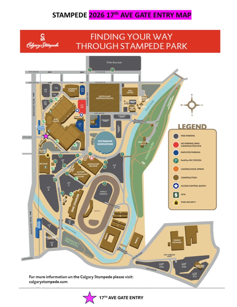 The 2026 17th Ave Gate entry map of Stampede Park, showing how to find your way through the park to the 17th Ave Gate, marked by a star near the Victoria Park Stampede Station