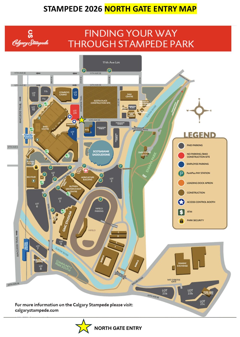The 2026 North Gate entry map of Stampede Park, showing how to find your way through the park to the North Gate employee entrance