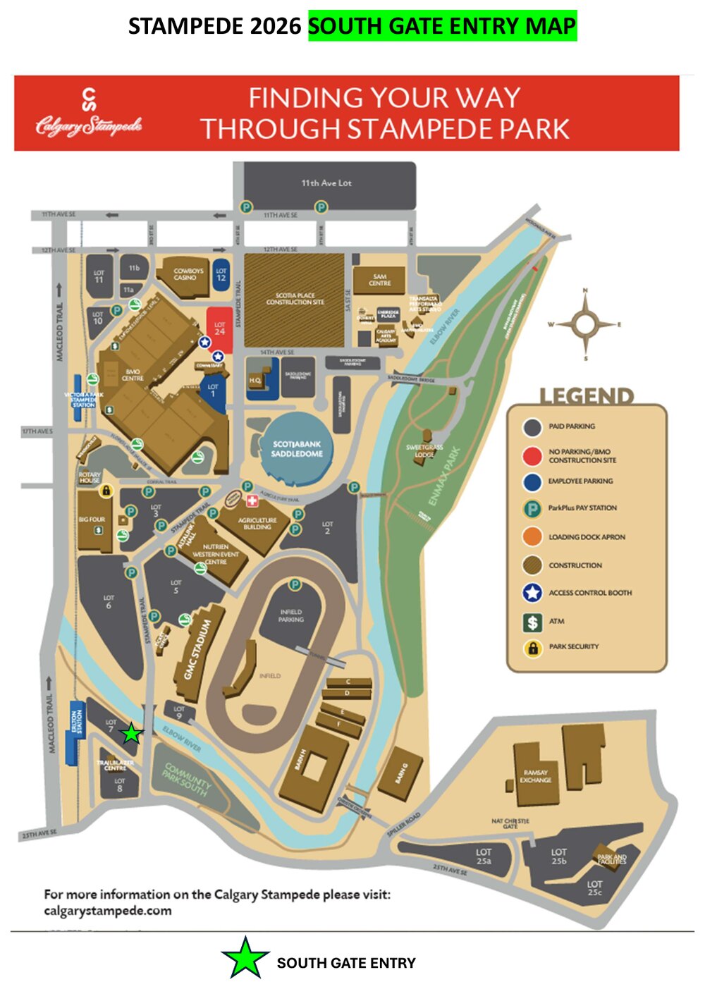 The 2026 South Gate entry map of Stampede Park, showing how to find your way through the park to the South Gate employee entrance