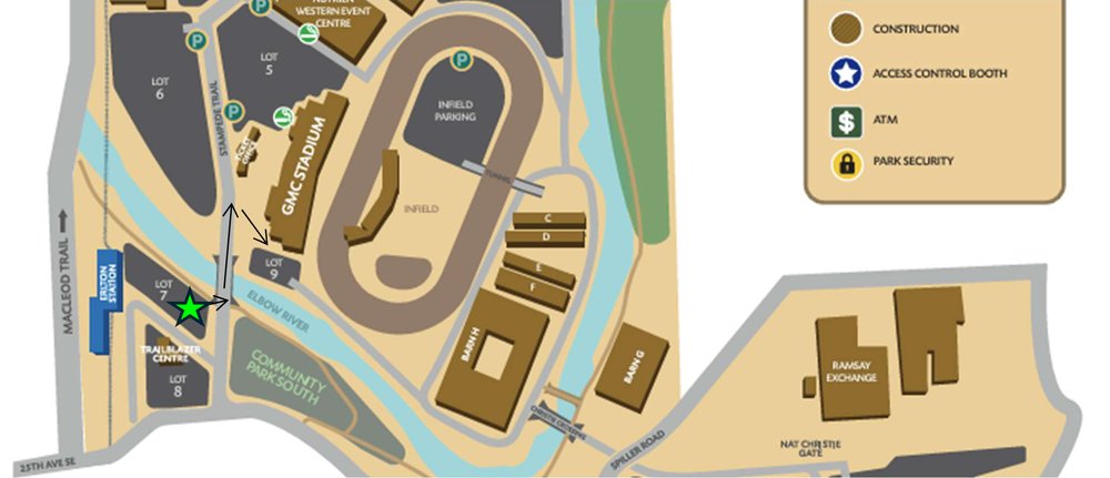 A Stampede Park map with a star and arrows marking the route to the GMC south receiving area.