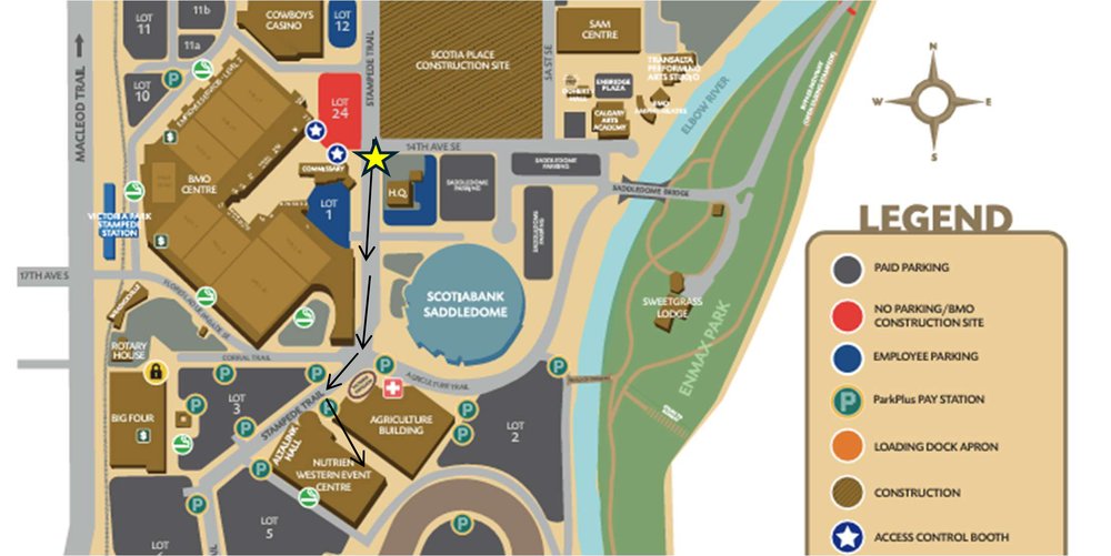 A Stampede Park map with a star and arrows marking the route to the Nutrien Western Event Centre.