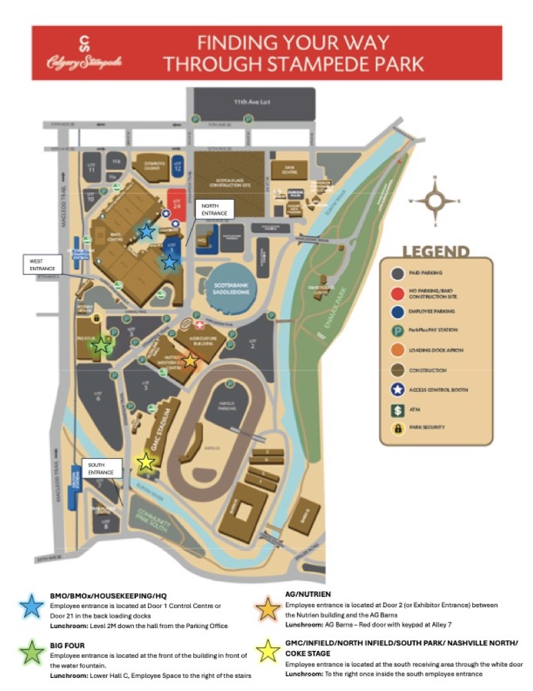 Map of Stampede Park showing the North, South, and 17th Ave employee gates