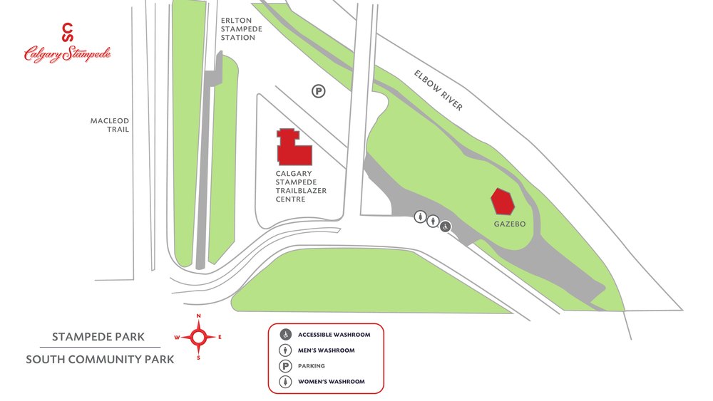 A map of South Community Park, showing the Calgary Stampede Trailblazer Centre, the gazebo, parking, washrooms, the Elbow River, and Macleod Trail.