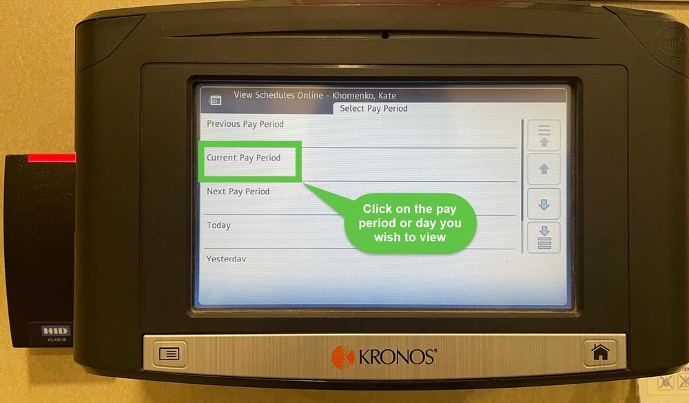 Kronos timecard reader screen to select the pay period