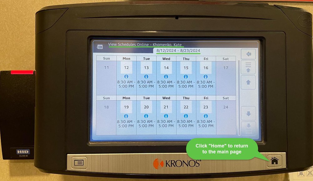 Kronos timecard reader showing the week schedule grid