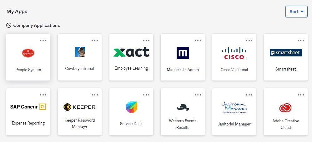 Okta dashboard showing app tiles including People System and Xact Employee Learning