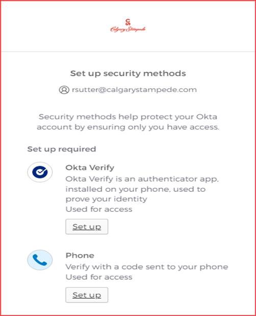 Okta setup screen showing Okta Verify and Phone SMS options