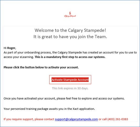 Okta welcome email with the Activate Stampede Account button