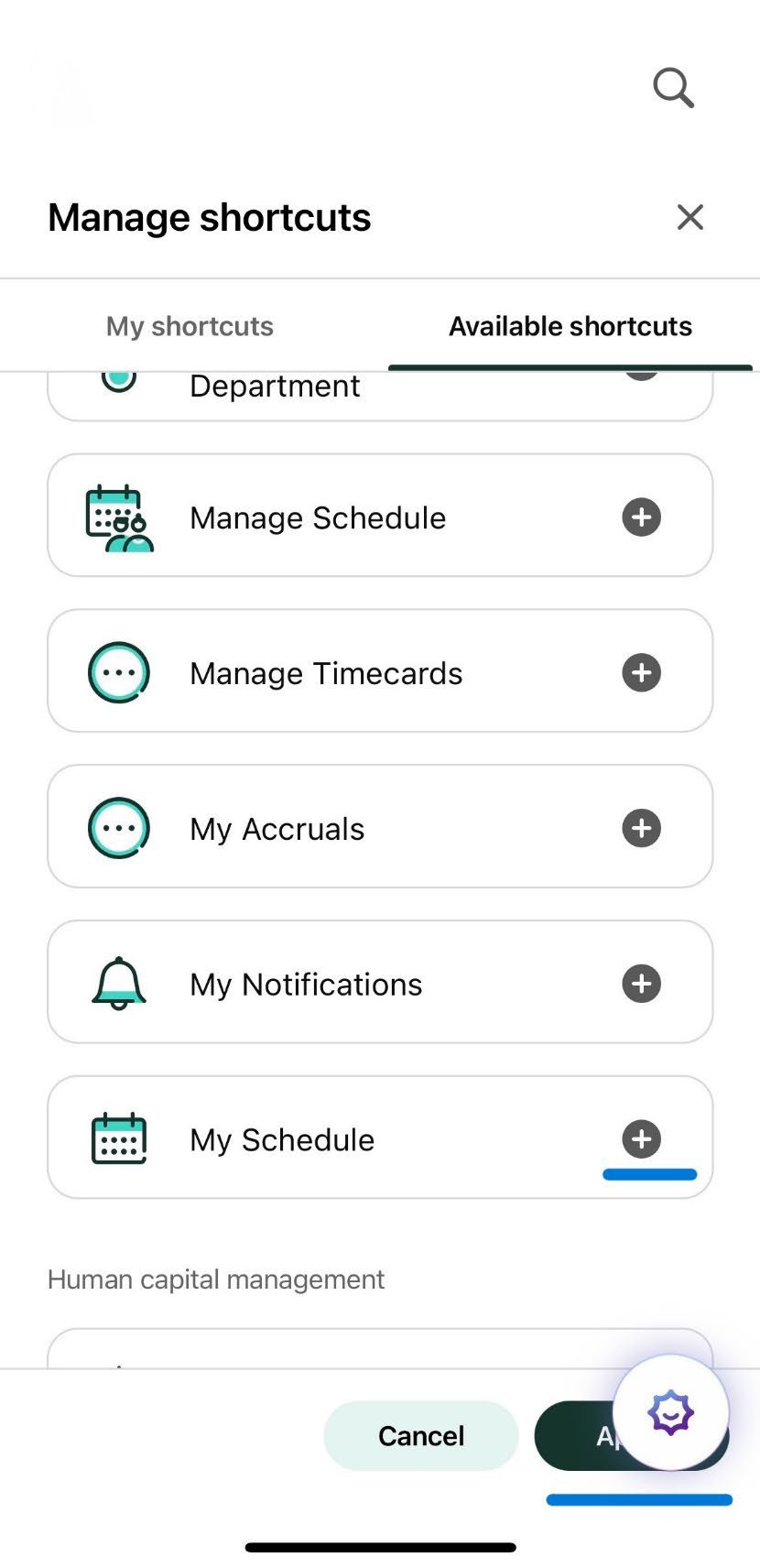 UKG Pro Available shortcuts tab with My Schedule plus button