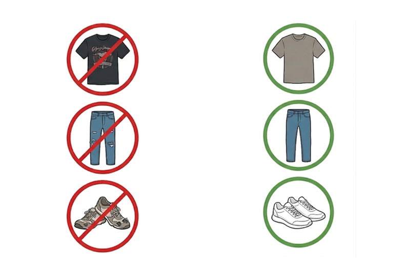 Illustration showing allowed vs not allowed dress. Allowed: Stampede T-shirt, blue or black jeans, closed-toe running shoes. Not allowed: rips, tears, shorts, leggings.