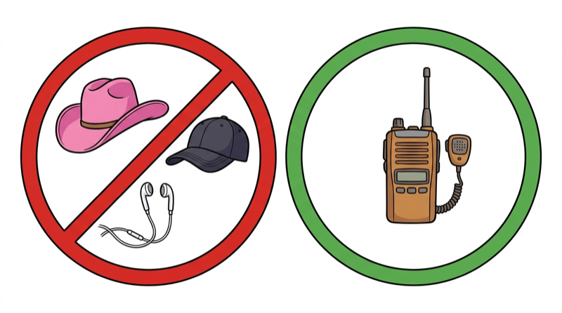 Illustration showing allowed vs not allowed gear. Allowed: two-way radio with mic. Not allowed: cowboy hat, ball cap, wired earbuds.